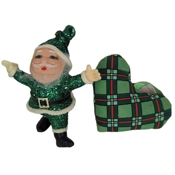 Unbranded Other - Vintage Green Glitter Flocked Leprechaun Santa Claus and Plaid Heart Ornaments